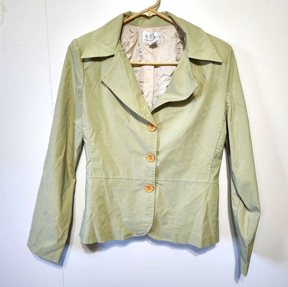 VTG Y2K XOXO Sage Green Contrast Stitch Fitted Blazer Jacket Size Junior Large